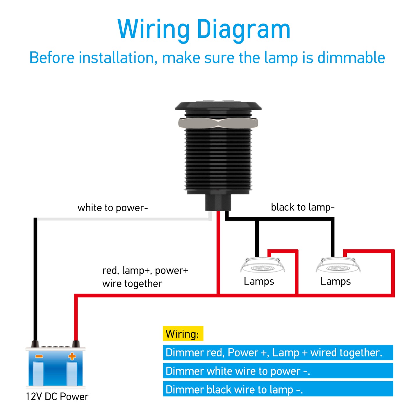 12V Dimmer Switch PWM Low Side, Push Button Dimmer for RV Boat Lighting & Led Strip Light, 6A Full Aluminum with Red Ring Light
