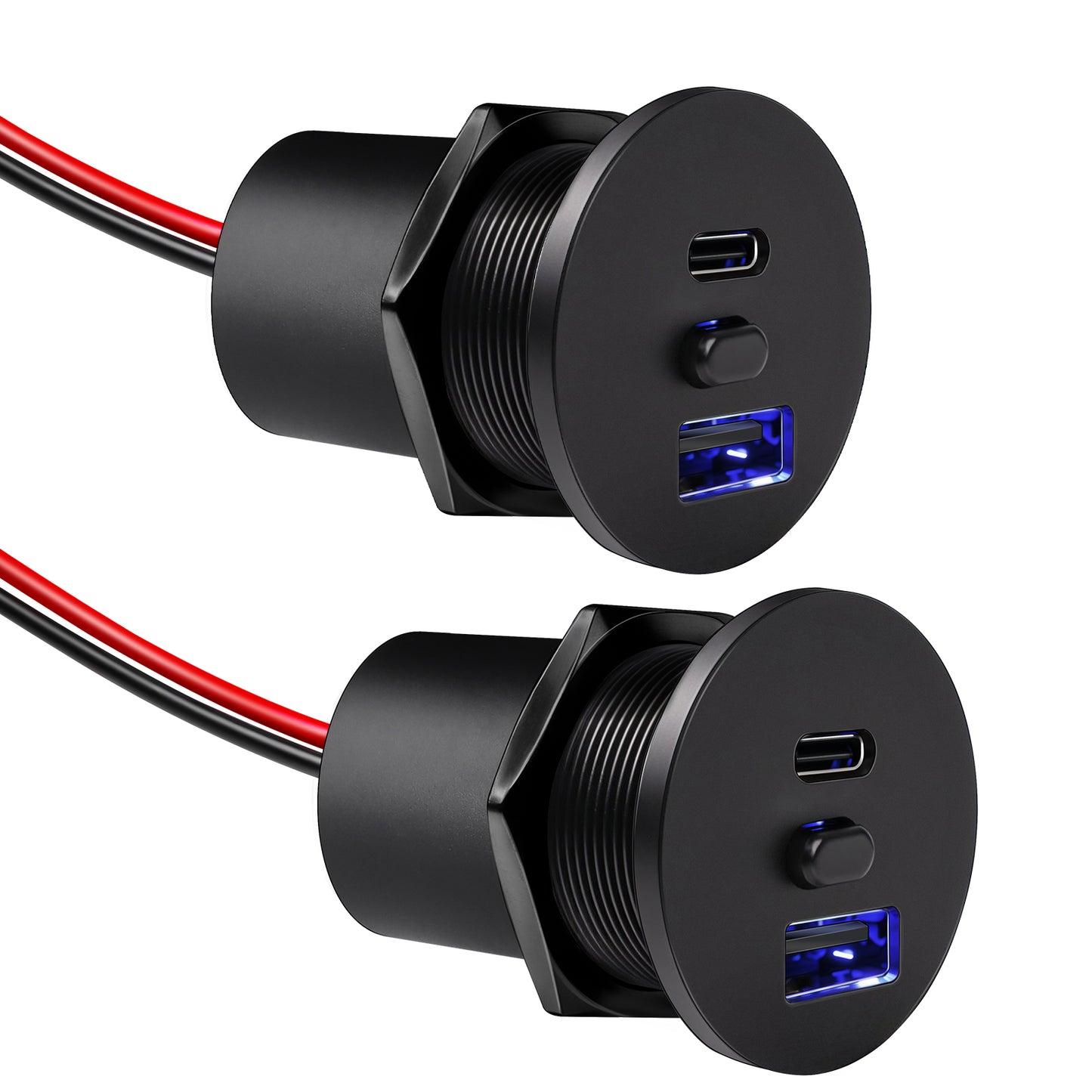 USB Socket 12V Outlet Aluminum with Switch& Blue Backlight, PD3.0 & QC3.0 Fast Charging Type A + Type C for RV Boat Bus Car Golf Truck Van, 2 Pack