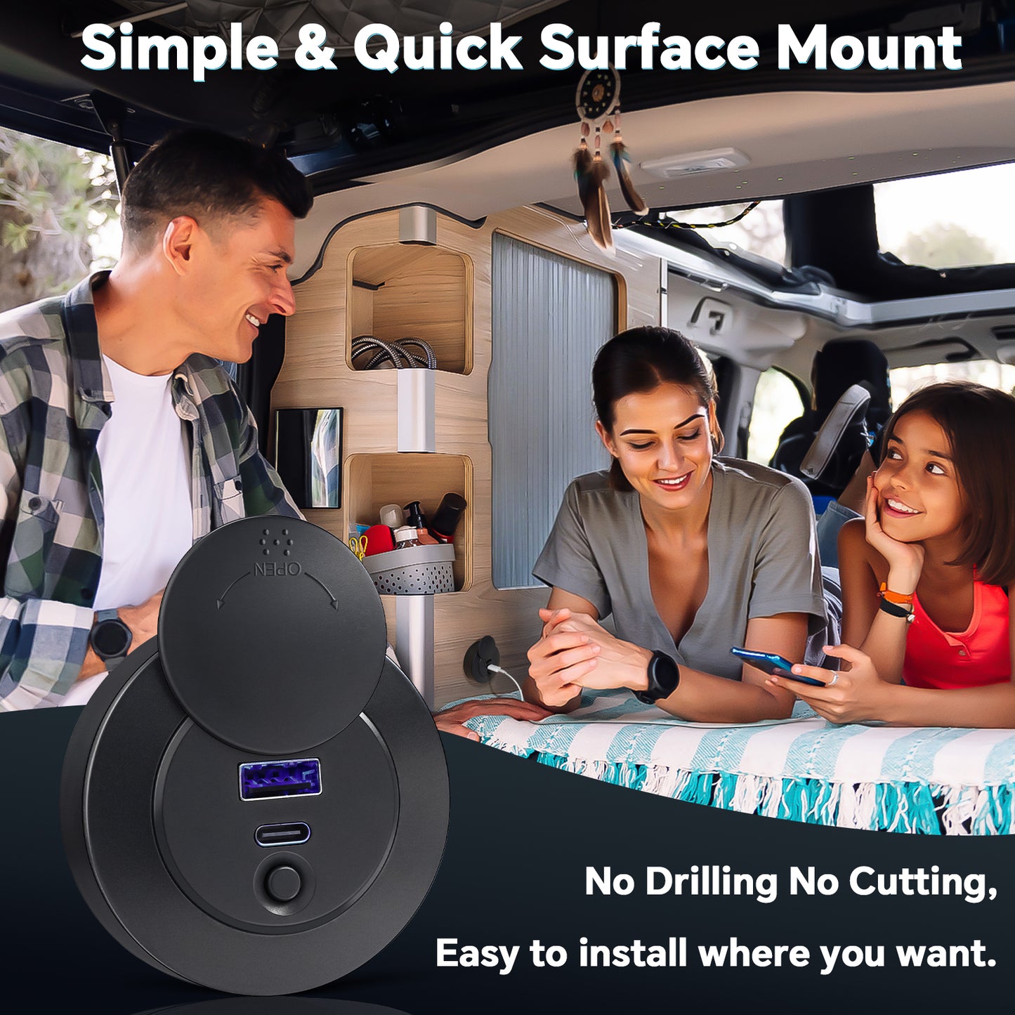 USB Socket 12V USB Outlet Panel Campervan, 30W PD Type-C & 20W USB-A Dual Port Quick Charging Charger, Surface Mount for RV Camper Trailer Truck Boat Golf Cart