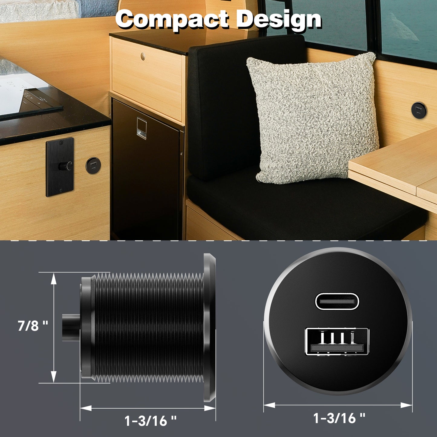 RV 12V USB Outlet USB Charger All-Aluminum, Type A + Type C Ports with Max 24W Output, PD3.0&QC3.0 Fast Charging for Boat Bus Truck