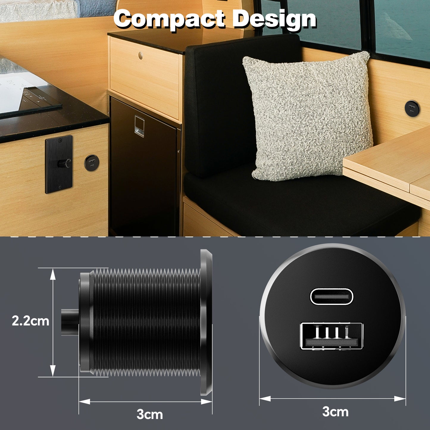 RV 12V USB Outlet USB Charger All-Aluminum, Type A + Type C Ports with Max 24W Output, PD3.0&QC3.0 Fast Charging for Boat Bus Truck