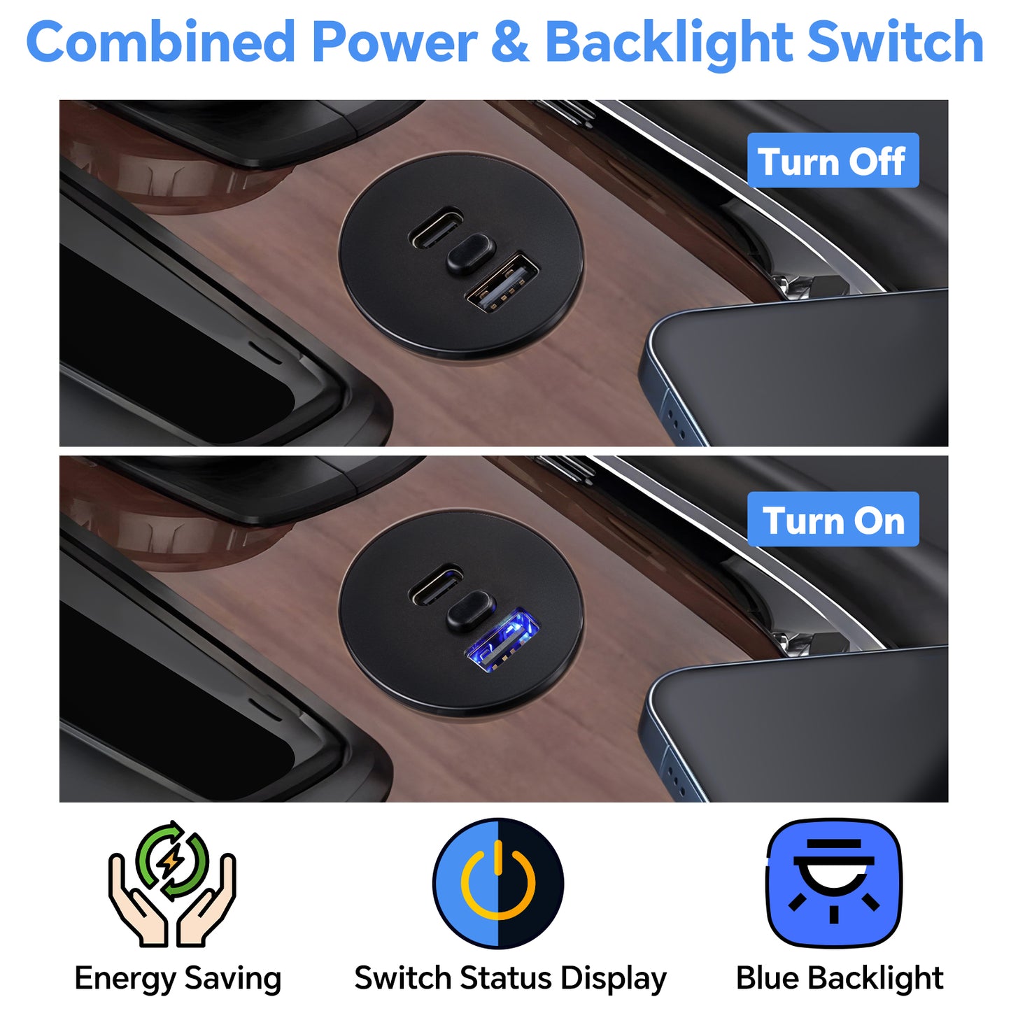 USB Socket 12V Outlet Aluminum with Switch& Blue Backlight, PD3.0 & QC3.0 Fast Charging Type A + Type C for RV Boat Bus Car Golf Truck Van, 2 Pack