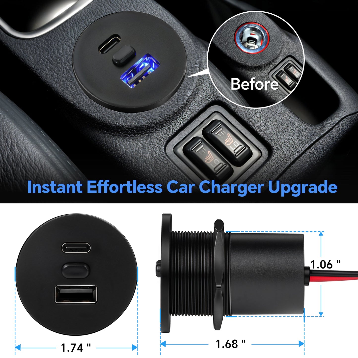 USB Socket 12V Outlet Aluminum with Switch& Blue Backlight, PD3.0 & QC3.0 Fast Charging Type A + Type C for RV Boat Bus Car Golf Truck Van, 2 Pack