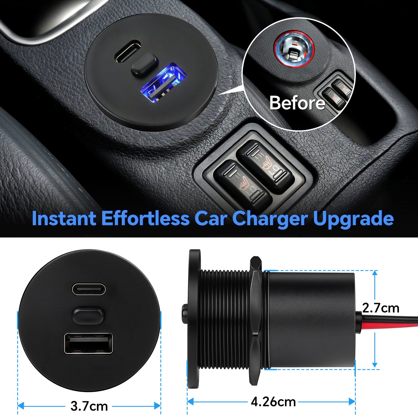 USB Socket 12V Outlet Aluminum with Switch& Blue Backlight, PD3.0 & QC3.0 Fast Charging Type A + Type C for RV Boat Bus Car Golf Truck Van, 2 Pack