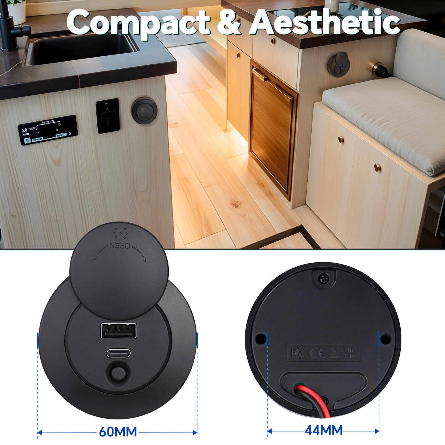 USB Socket 12V USB Outlet Panel Campervan, 30W PD Type-C & 20W USB-A Dual Port Quick Charging Charger, Surface Mount for RV Camper Trailer Truck Boat Golf Cart