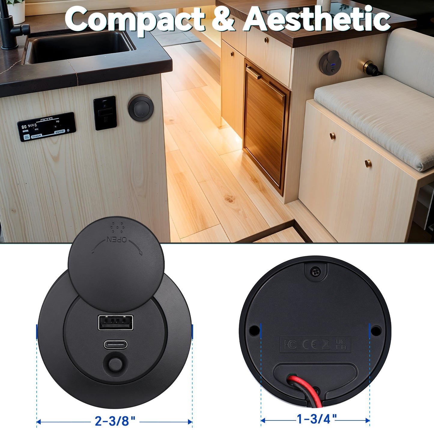USB Socket 12V USB Outlet Panel Campervan, 30W PD Type-C & 20W USB-A Dual Port Quick Charging Charger, Surface Mount for RV Camper Trailer Truck Boat Golf Cart