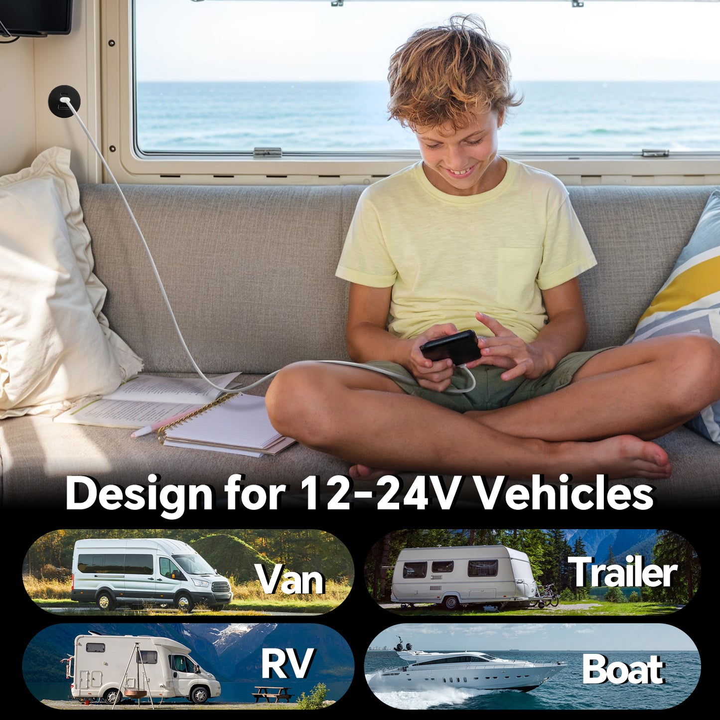 USB C Socket 12V Outlet Aluminum, Dual 20W PD3.0 Type-C & 18W QC3.0, Multi Port Fast Charging for Camper Trailer Truck Boat