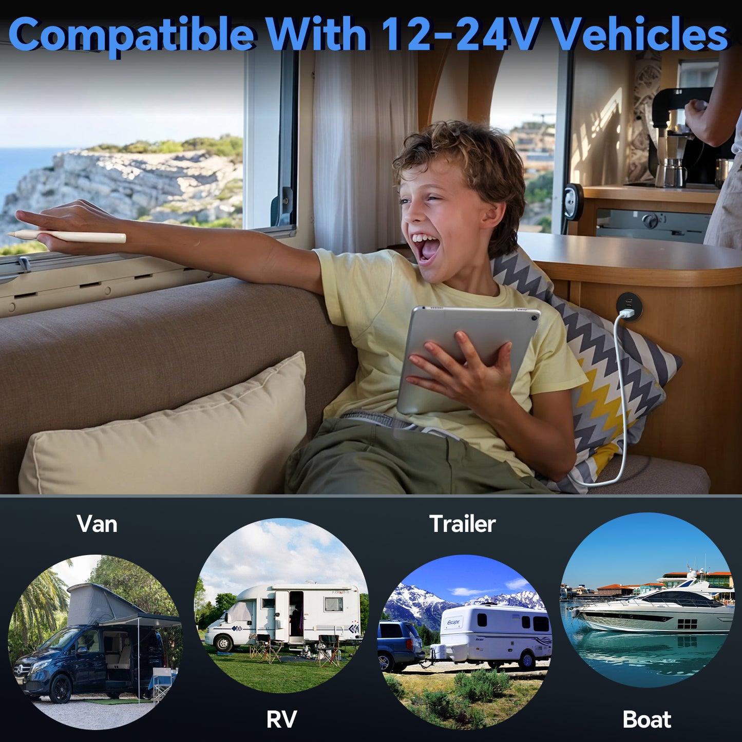 USB Socket 12V Outlet Aluminum with Switch& Blue Backlight, PD3.0 & QC3.0 Fast Charging Type A + Type C for RV Boat Bus Car Golf Truck Van, 2 Pack