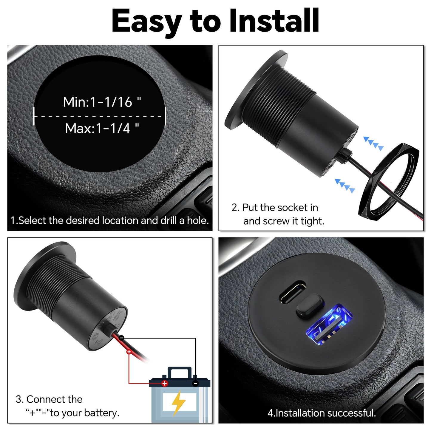 USB Socket 12V Outlet Aluminum with Switch& Blue Backlight, PD3.0 & QC3.0 Fast Charging Type A + Type C for RV Boat Bus Car Golf Truck Van, 2 Pack
