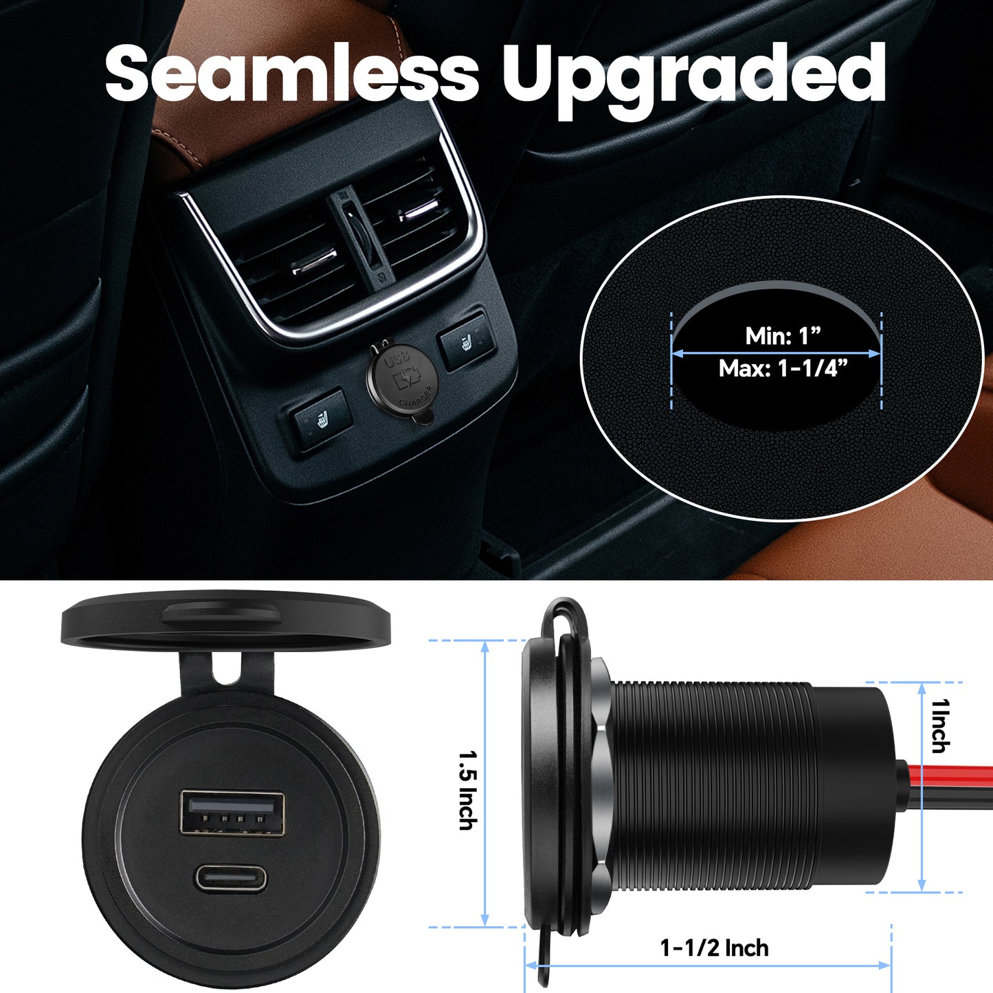 48W 12V USB Socket Outlet, USB C +USB A, Hole 1"(25mm)