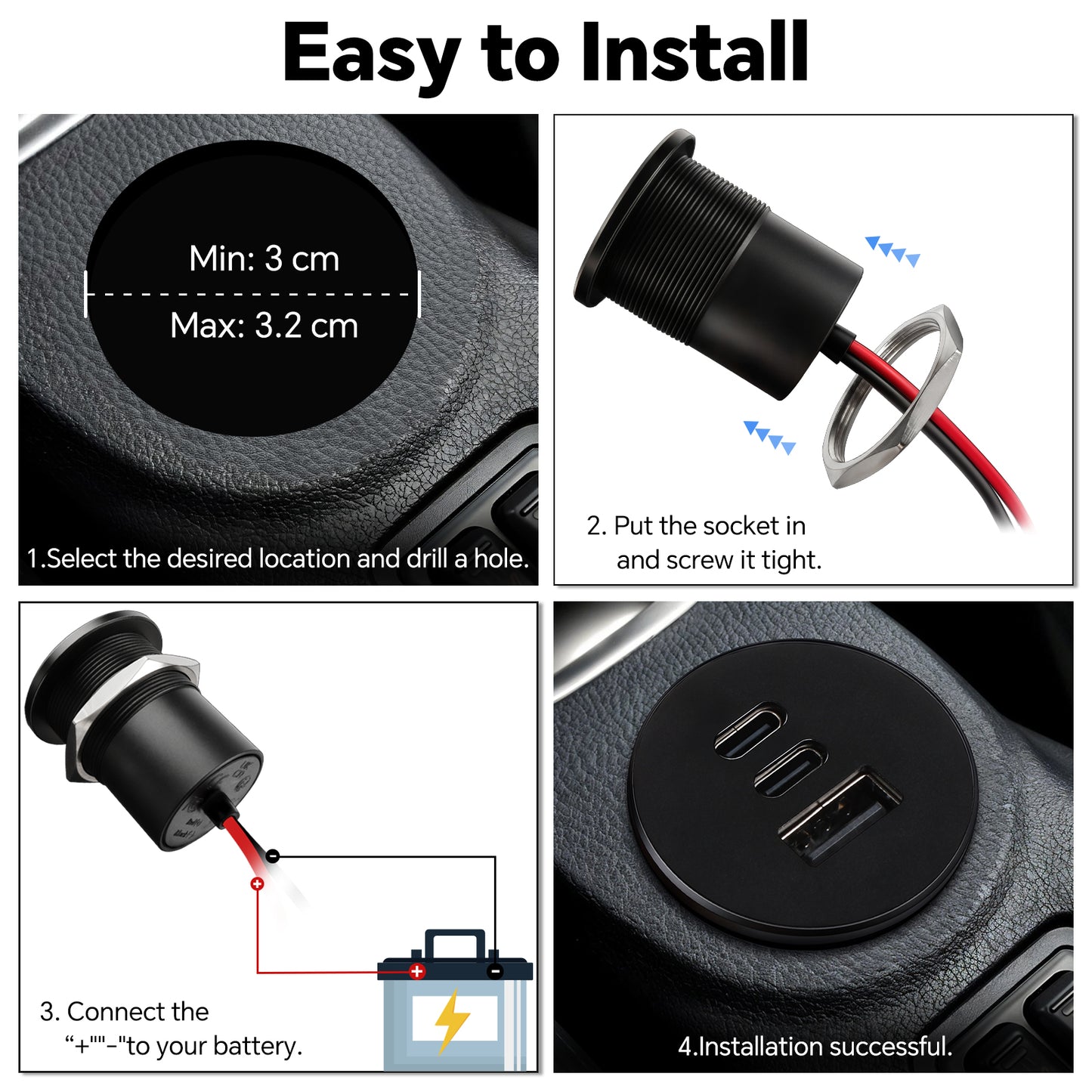 USB C Socket 12V Outlet Aluminum, Dual 20W PD3.0 Type-C & 18W QC3.0, Multi Port Fast Charging for Camper Trailer Truck Boat