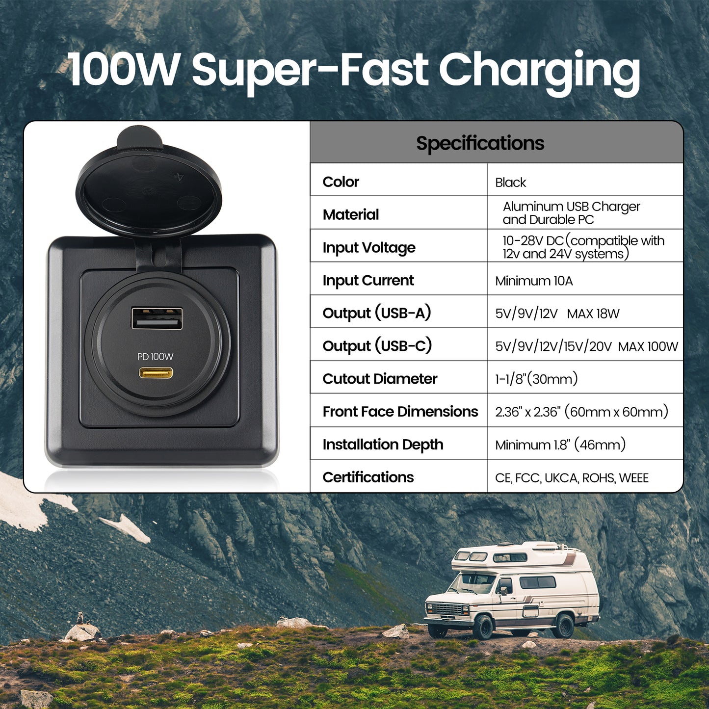 118W 12V USB Socket Aluminum Outlet, 100W PD3.0 USB-C & 18W QC3.0 USB-A