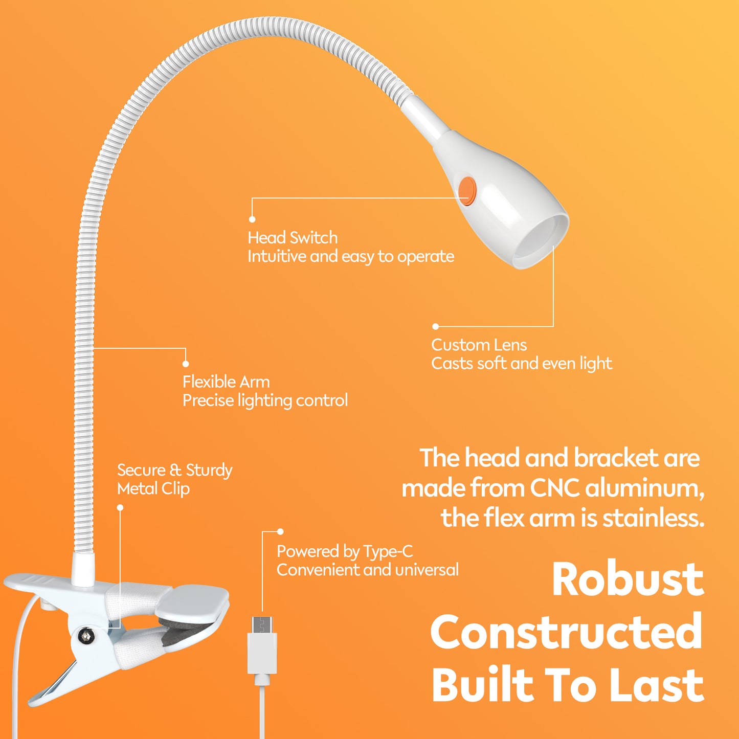 Reading Light for Clip on Lamp 3000K/Amber Light with USB-C Adapter White