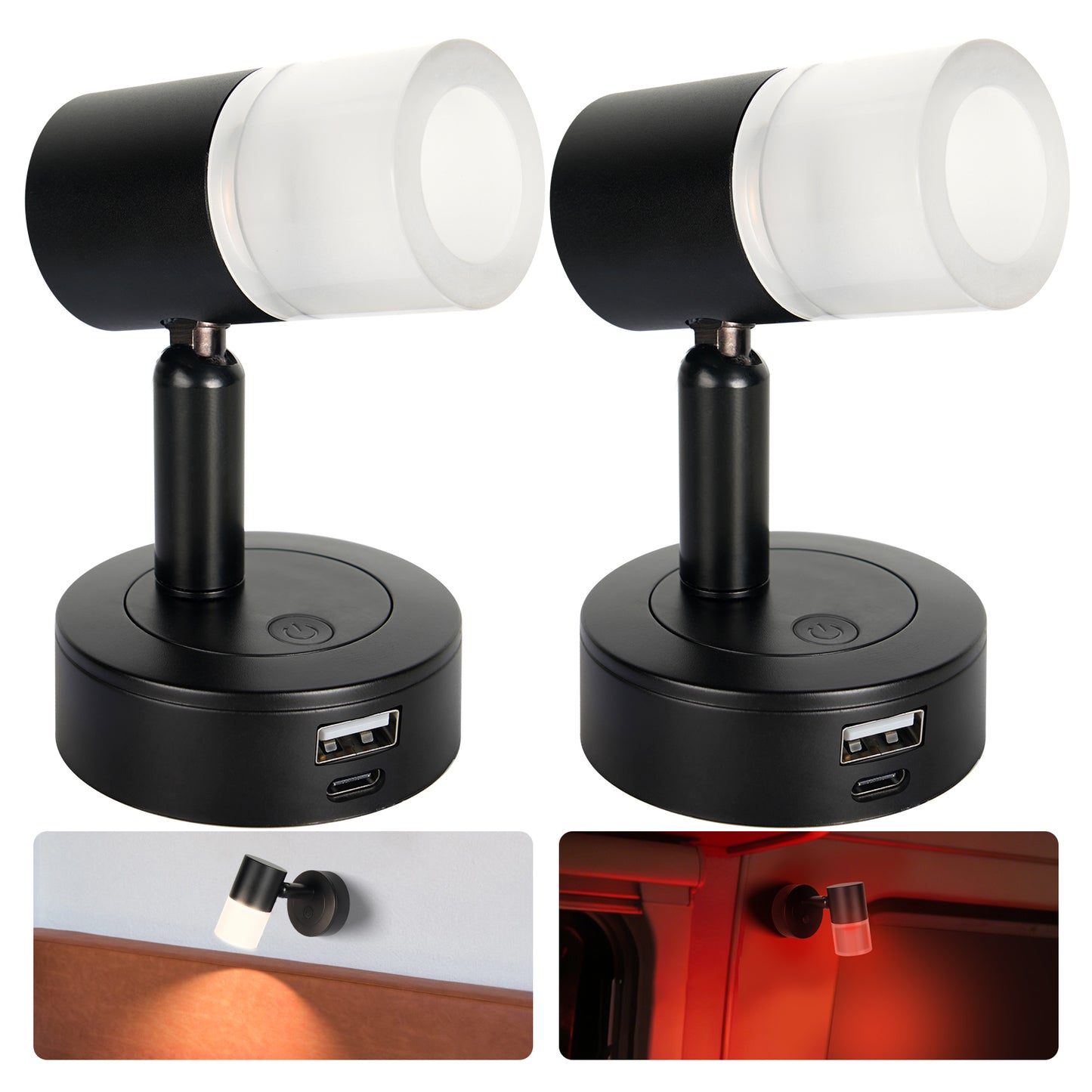 12V Reading Light RV 3200K/Red Night Light Built-in USB-A 18W & USB C 20W Charger