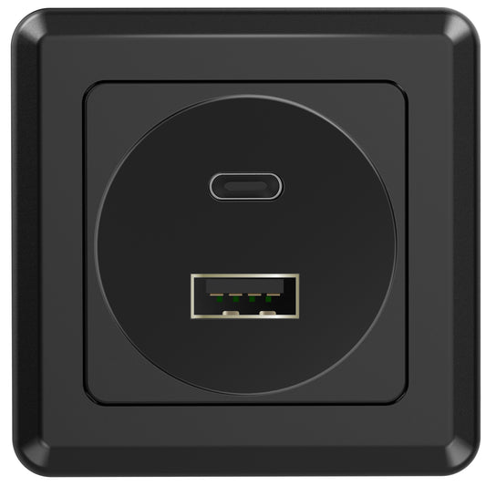 42W 12V USB Socket Outlet, USB C +USB A with Black Faceplate