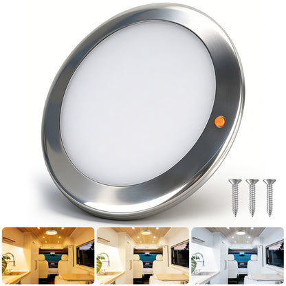 12V Stainless Ceiling Dome Light Campervan Boat 3 CCT 2700K/4000K/6000K Switchable & Dimmable, Surface Mount LED for Motorhome Camper Trailer Interior Lighting