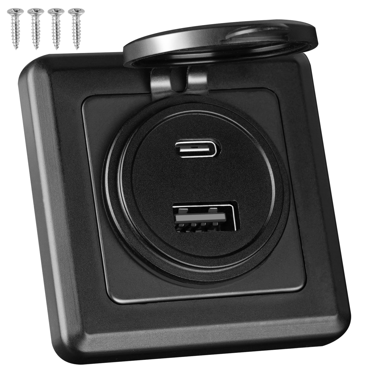 48W 12V USB Socket Outlet, USB C +USB A with Black Faceplate