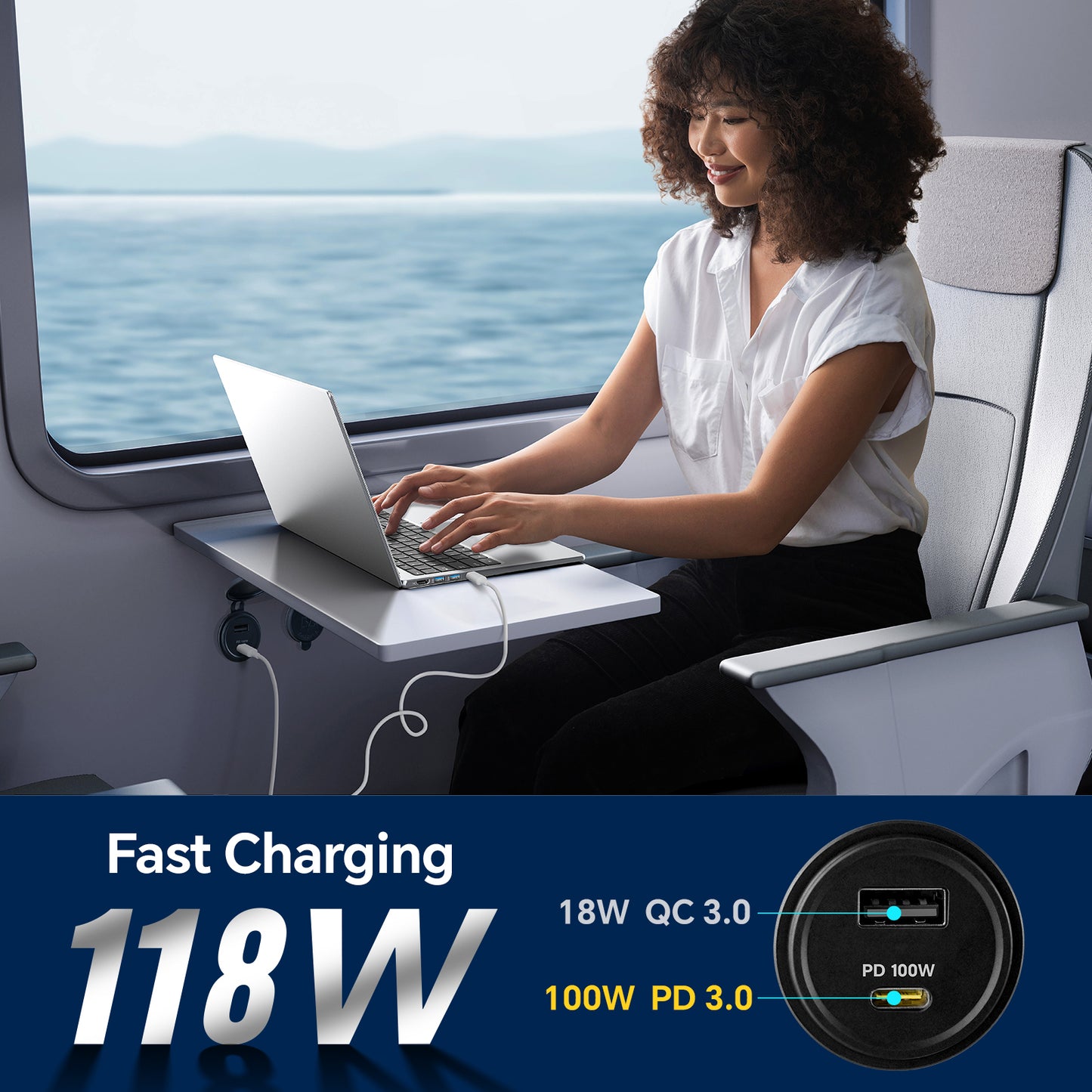 118W 12V USB Socket Aluminum Outlet, 100W PD3.0 USB-C & 18W QC3.0 USB-A