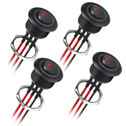 12V ON/OFF Aluminum Rocker Toggle Switch Round 20A SPST Switch, 14 AWG Pre-wired Leads for Campervan Boat Truck Car Auto, 1” 25mm Drill Hole, Nut Fastening Mount