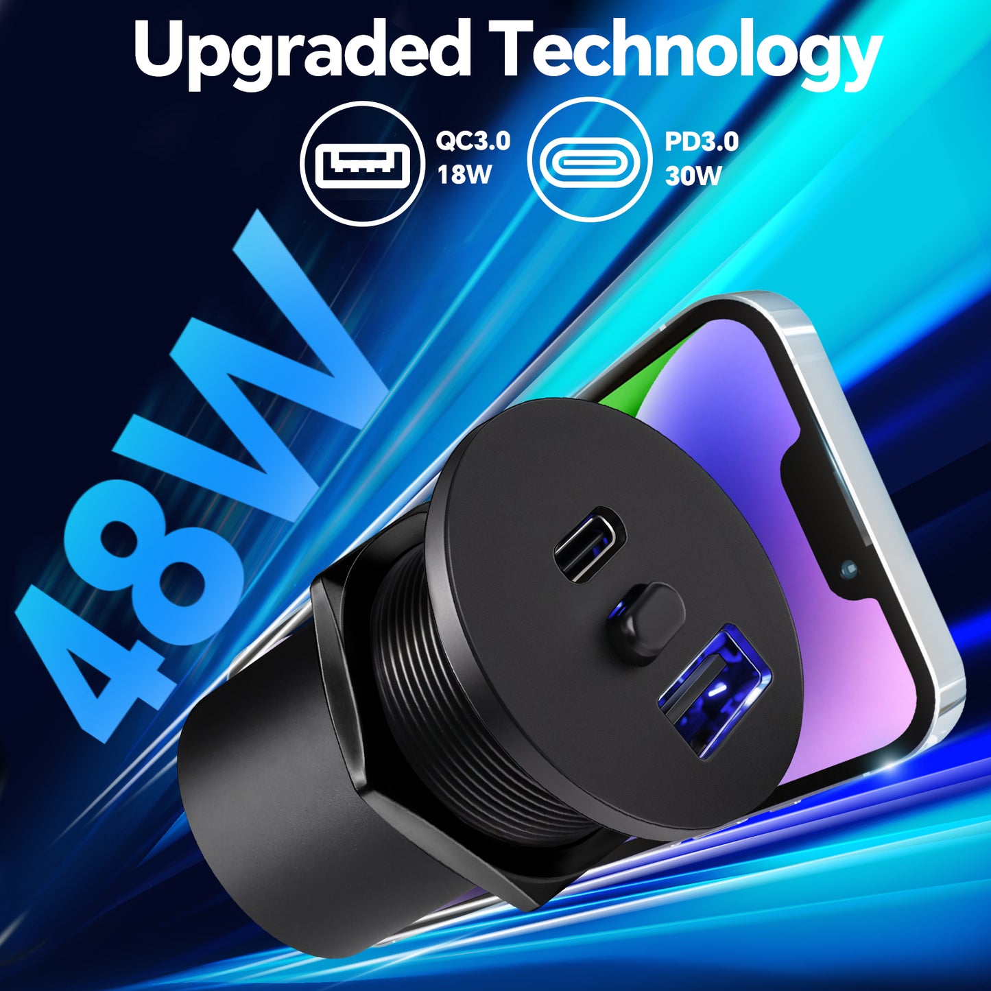 USB Socket 12V Outlet Aluminum with Switch& Blue Backlight, PD3.0 & QC3.0 Fast Charging Type A + Type C for RV Boat Bus Car Golf Truck Van,  2 Pack
