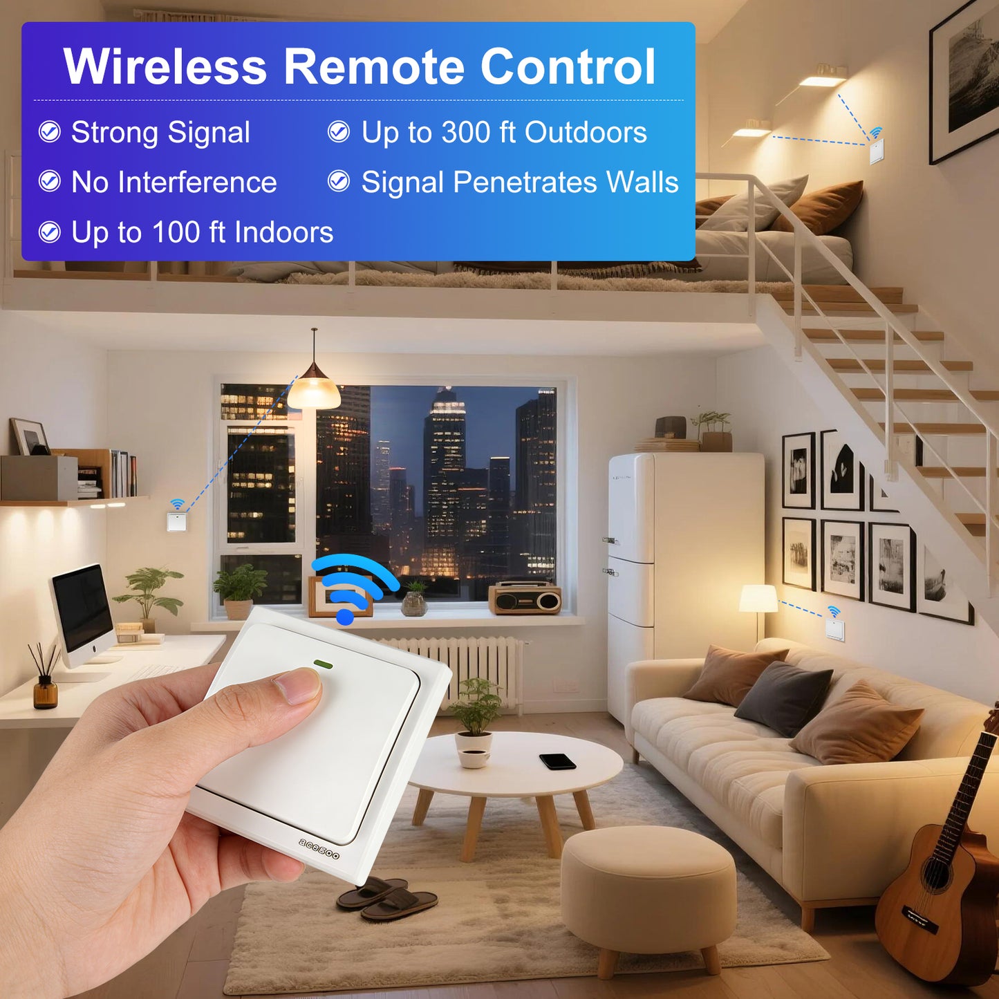 Acegoo Wireless Lights Switch Kit - Self-Powered Battery Free Transmitter with Receiver Remote Control House Lighting & Appliances (Switch, Receiver Included) 10A