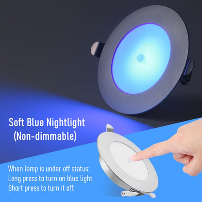 12V LED Puck Light, RV Boat Recessed Ceiling Light Under Cabinet with Press Dimmer, Dimmable White Light & Blue Nightlight, 3-1/4” Full Aluminum 4-Pack