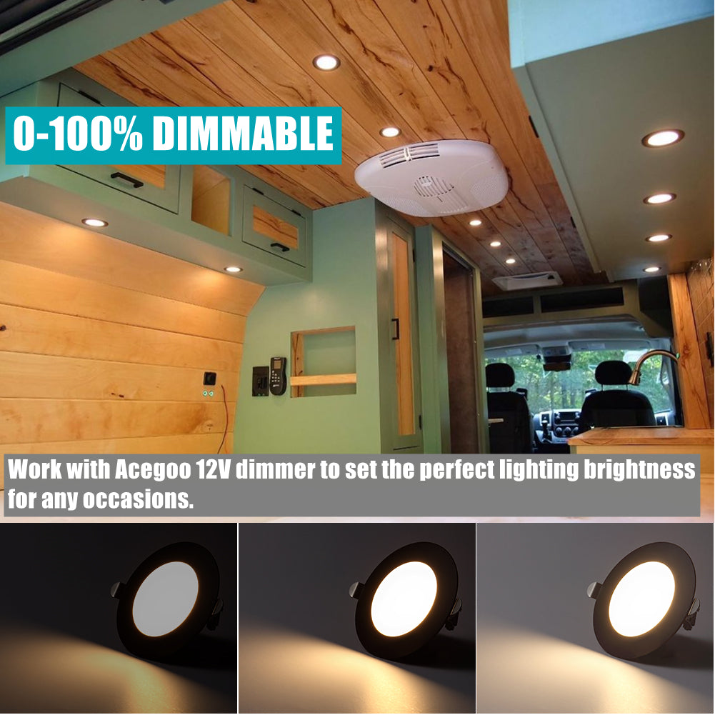 12V LED Puck Light, RV Boat Recessed LED Ceiling Light Overhead 3-1/4 Inch Flush Mount Full Aluminum CRI 90+ Black