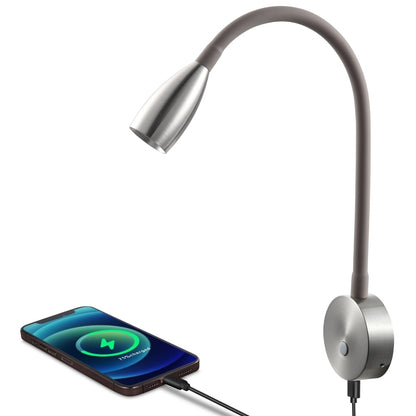 12V LED Reading Light RV Boat Flexible Gooseneck Built-in USB-C Quick Charger, DC12-24V, Hard-wired, Nickel