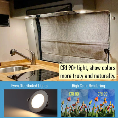 12V LED Puck Light, RV Boat Recessed Ceiling Light Under Cabinet with Press Dimmer, Dimmable White Light & Blue Nightlight, 3-1/4” Full Aluminum 4-Pack