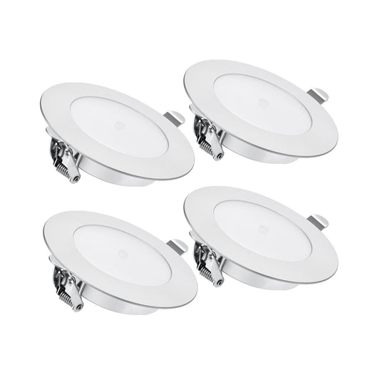 12V LED Puck Light, RV Boat Recessed Ceiling Light Under Cabinet with Press Dimmer, Dimmable White Light & Blue Nightlight, 3-1/4” Full Aluminum 4-Pack