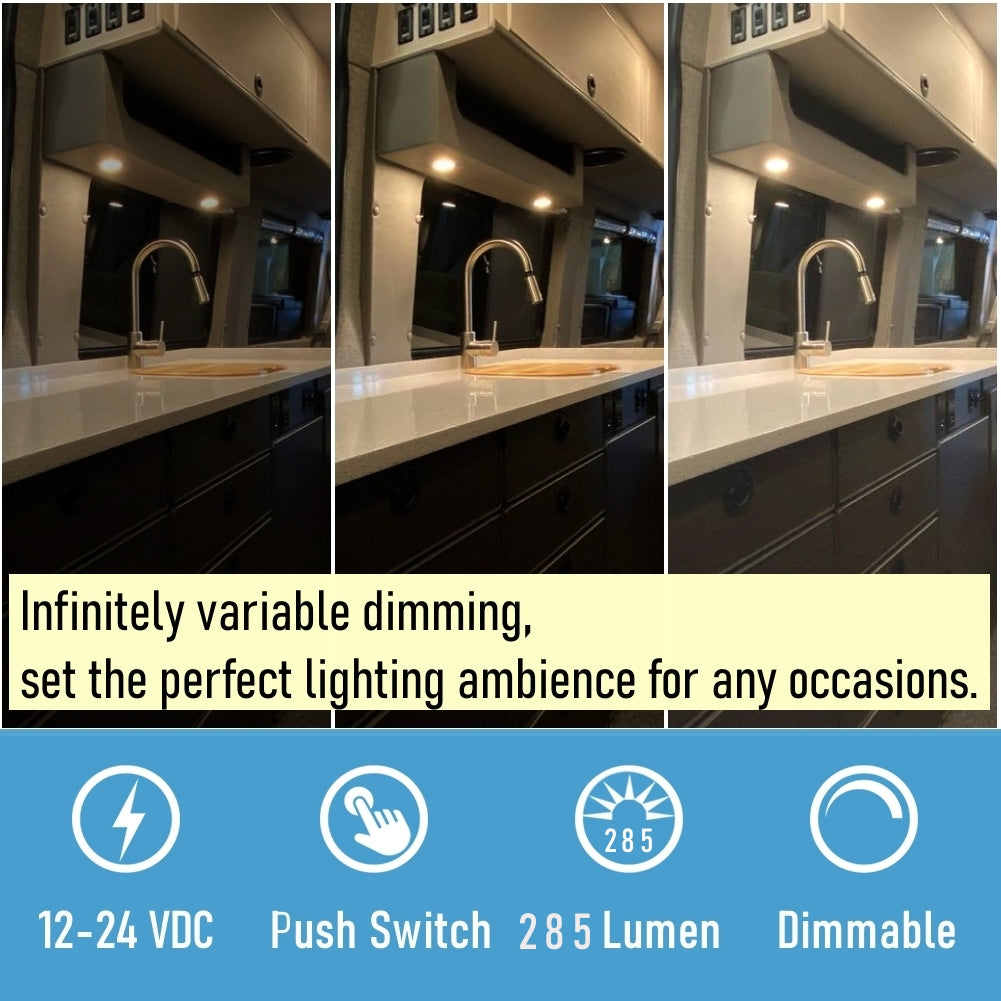 12V LED Puck Light, RV Boat 12V Recessed Ceiling Light Under Cabinet with Press Dimmer, Dimmable White Light & Blue Nightlight, 3-1/4” Full Aluminum 4-Pack
