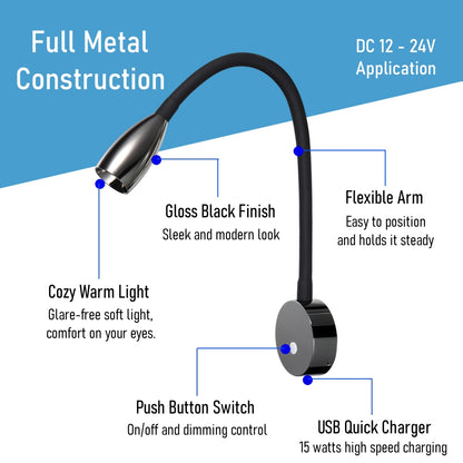 12V LED Reading Light RV Boat Flexible Gooseneck Built-in USB Quick Charger, DC12-24V, Hard-wired Glossy black