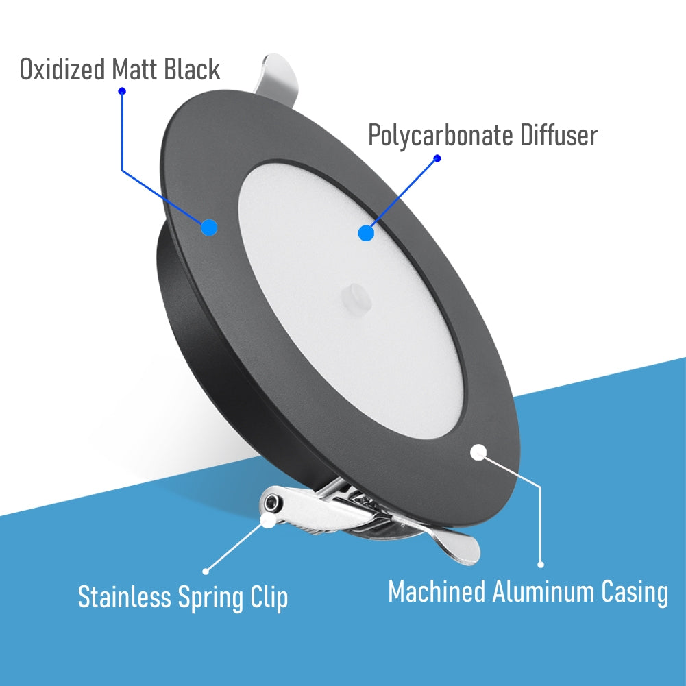 12V LED Puck Light, RV Boat 12V Recessed Ceiling Light Under Cabinet with Press Dimmer, Dimmable White Light & Blue Nightlight, 3-1/4” Full Aluminum 4-Pack