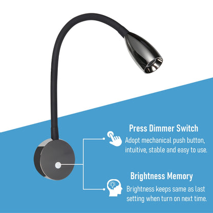 12V LED Reading Light RV Boat Flexible Gooseneck Built-in USB Quick Charger, DC12-24V, Hard-wired Glossy black