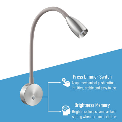 12V LED Reading Light RV Boat Flexible Gooseneck Built-in USB-C Quick Charger, DC12-24V, Hard-wired, Nickel