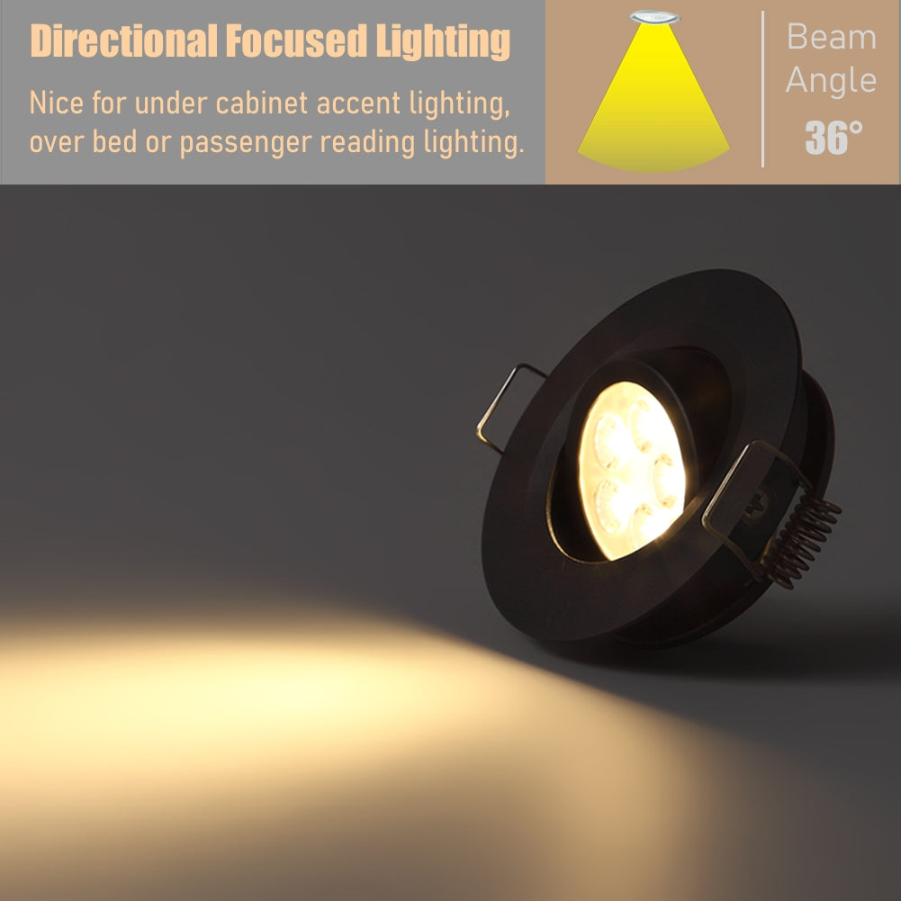 12V LED Puck Light RV Swivel Recessed Spotlight  36° Beam Angle Vertical 70° Adjustment,Full Aluminum Diameter 2-3/4 Inch Black
