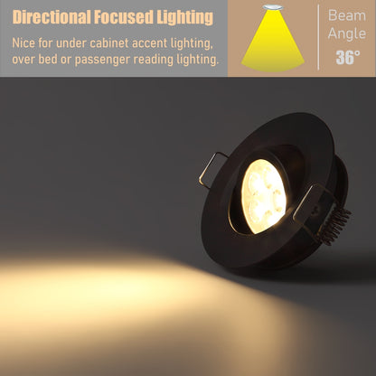 12V LED Puck Light RV Swivel Recessed Spotlight  36° Beam Angle Vertical 70° Adjustment,Full Aluminum Diameter 2-3/4 Inch Black