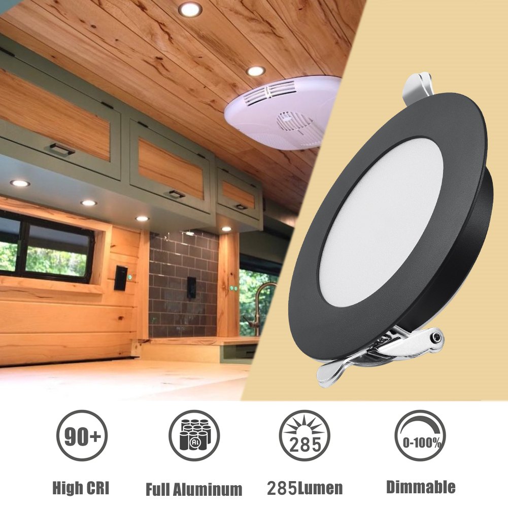 12V LED Puck Light, RV Boat Recessed LED Ceiling Light Overhead 3-1/4 Inch Flush Mount Full Aluminum CRI 90+ Black