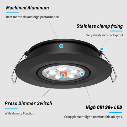 12V LED Puck Light, RV Boat Swivel Recessed LED Interior Light, 36° Beam Angle Vertical 70° Adjustment,Full Aluminum Downlights,3 Inch Inbuilt Dimmer Switch & Red Nightlight, Black