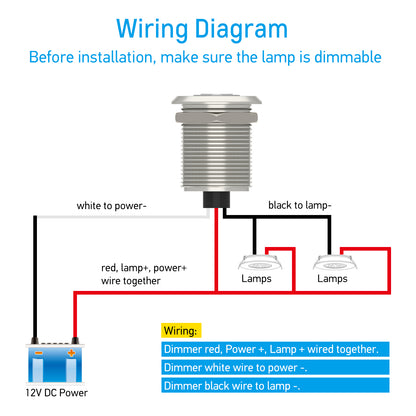 12V Dimmer Switch PWM Low Side, Push Button Dimmer for RV Boat Lighting & Led Strip Light, 6A Full Aluminum with Red Ring Light