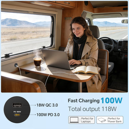 118W 12V USB Socket Aluminum Outlet, 100W PD3.0 USB-C & 18W QC3.0 USB-A