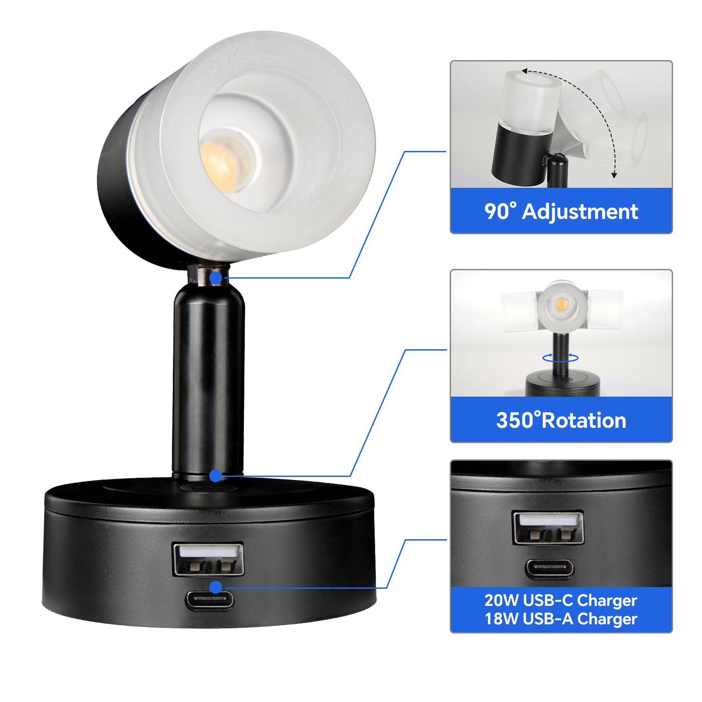 12V Reading Light RV 3200K/Red Night Light Built-in USB-A 18W & USB C 20W Charger