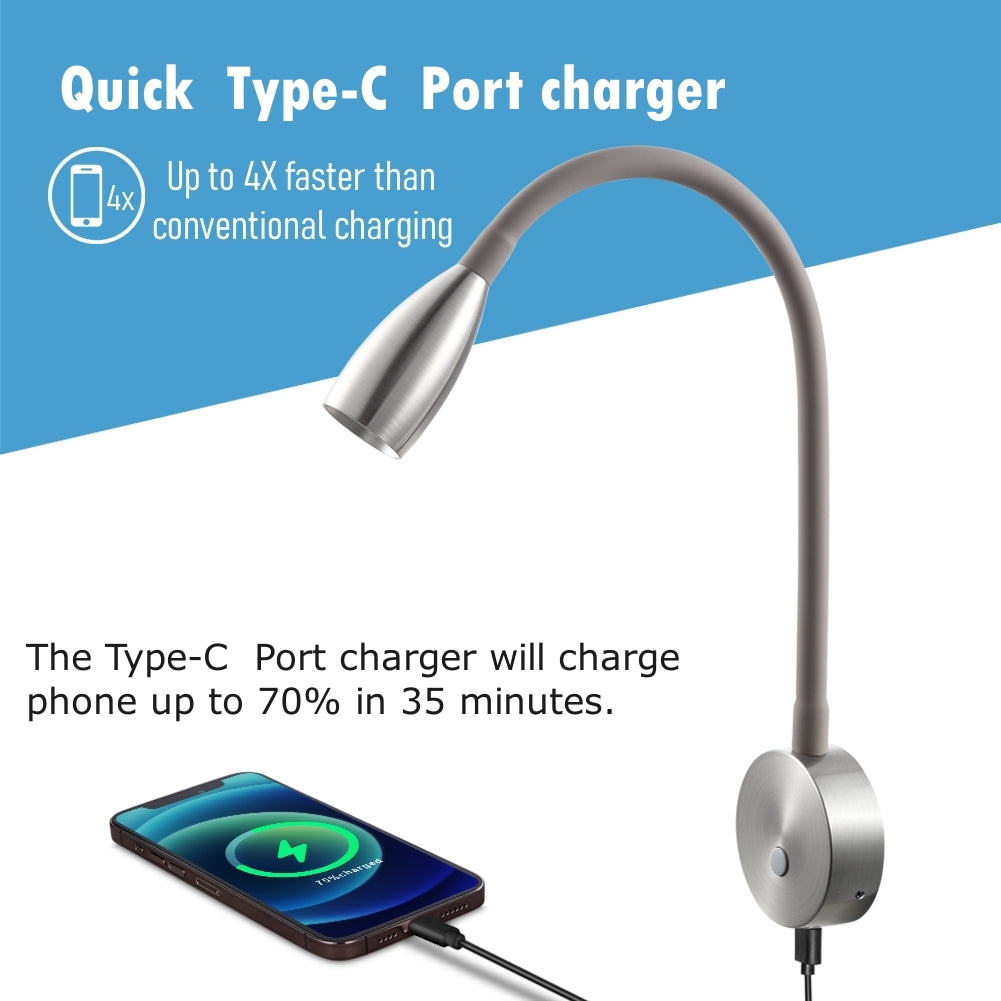 12V LED Reading Light RV Boat Flexible Gooseneck Built-in USB-C Quick Charger, DC12-24V, Hard-wired, Nickel