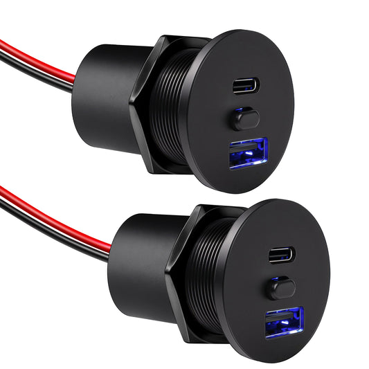 USB Socket 12V Outlet Aluminum with Switch& Blue Backlight, PD3.0 & QC3.0 Fast Charging Type A + Type C for RV Boat Bus Car Golf Truck Van,  2 Pack