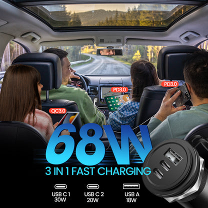 68W 3 Port 12V USB Socket Outlet, 2*USB C +USB A