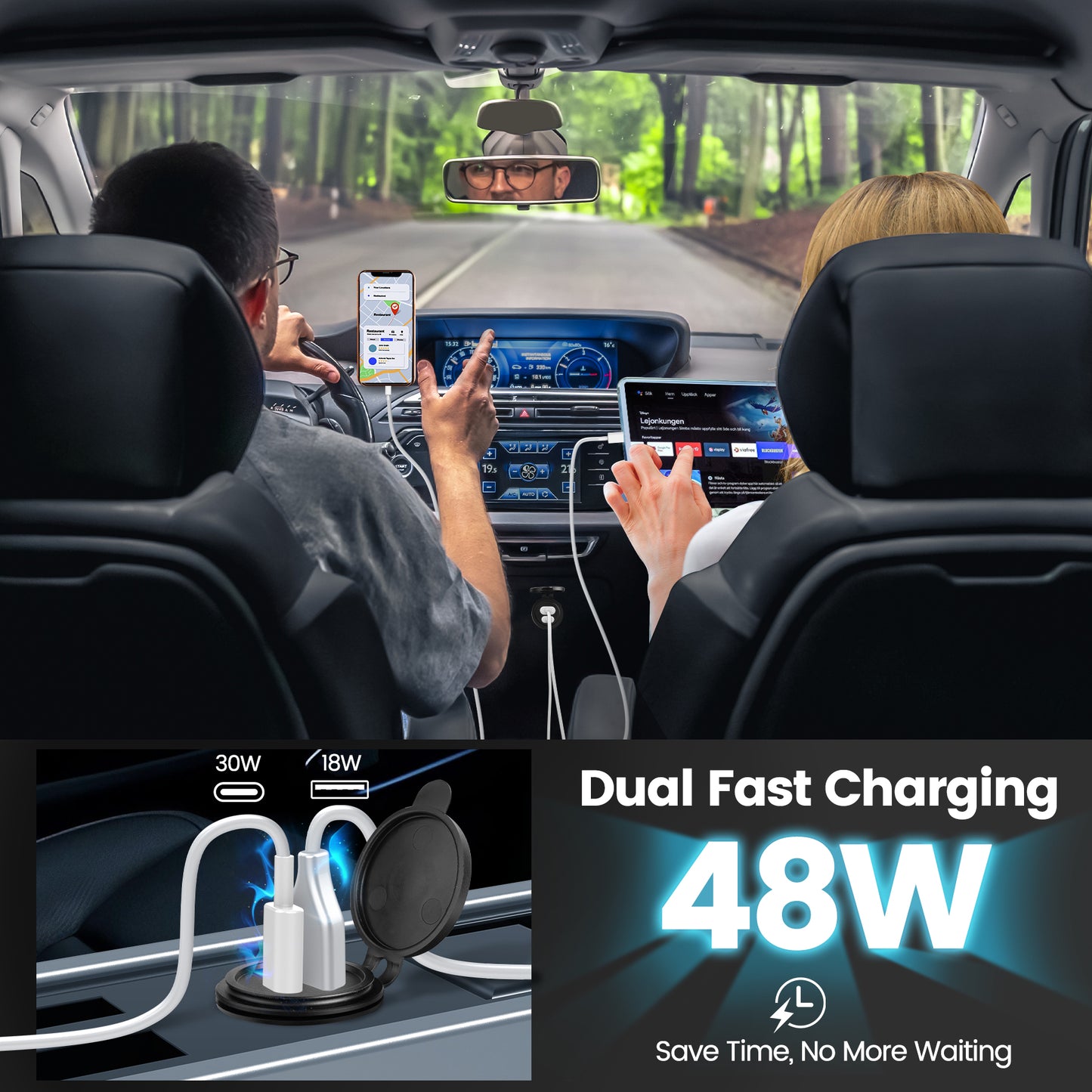 48W 12V USB Socket Outlet, USB C +USB A, Hole 1"(25mm)