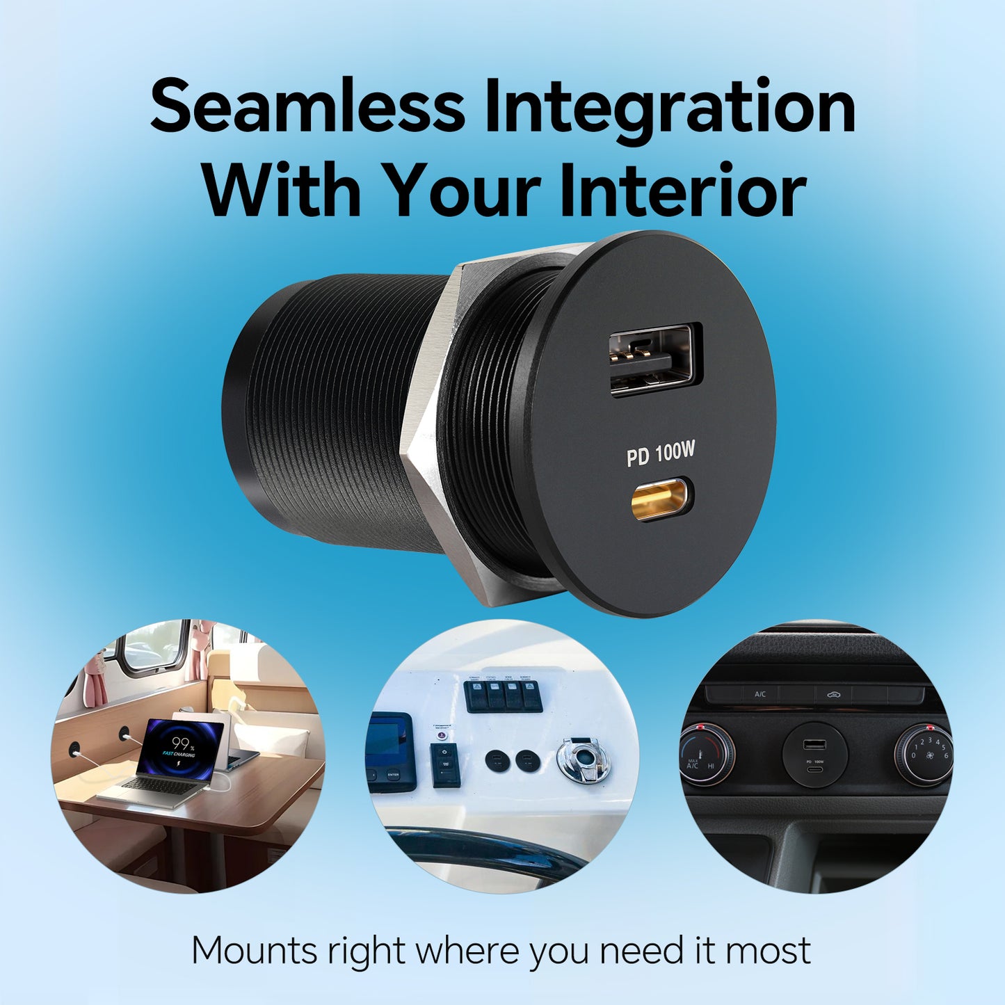 118W 12V USB Socket Aluminum Outlet, 100W PD3.0 USB-C & 18W QC3.0 USB-A