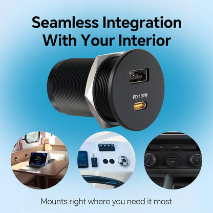 118W 12V USB Socket Aluminum Outlet, 100W PD3.0 USB-C & 18W QC3.0 USB-A
