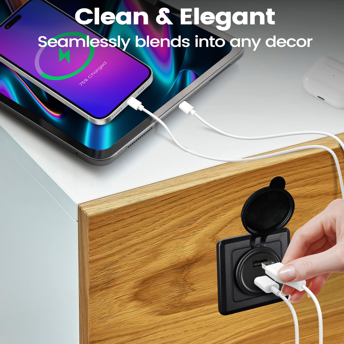 48W 12V USB Socket Outlet, USB C +USB A with Black Faceplate