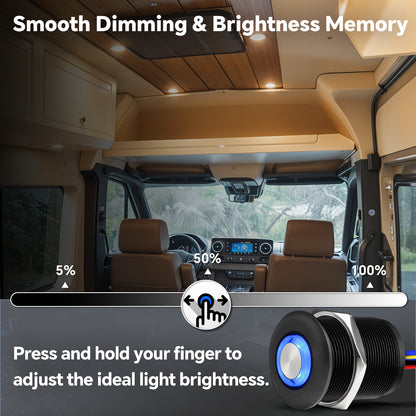 12V PWM Dimmer Switch Recessed Mount All Aluminum Push Button Dimming Switch, Blue Backlight 22mm Drill Hole 6A